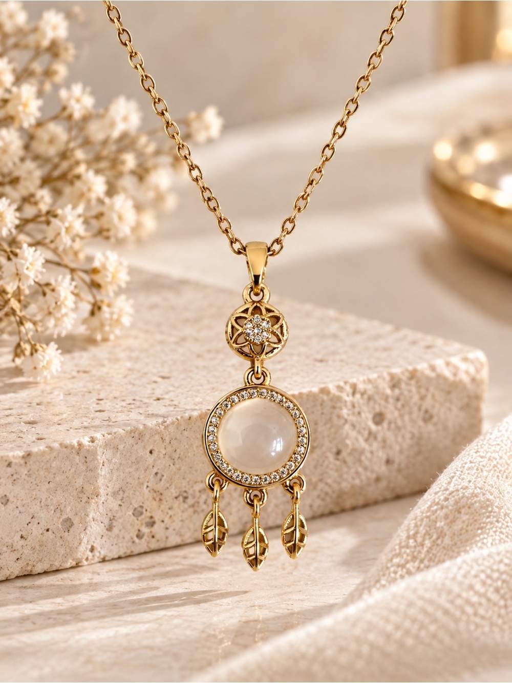 Gold Boho Dreamcatcher Moonstone Crystal Pendant Necklace